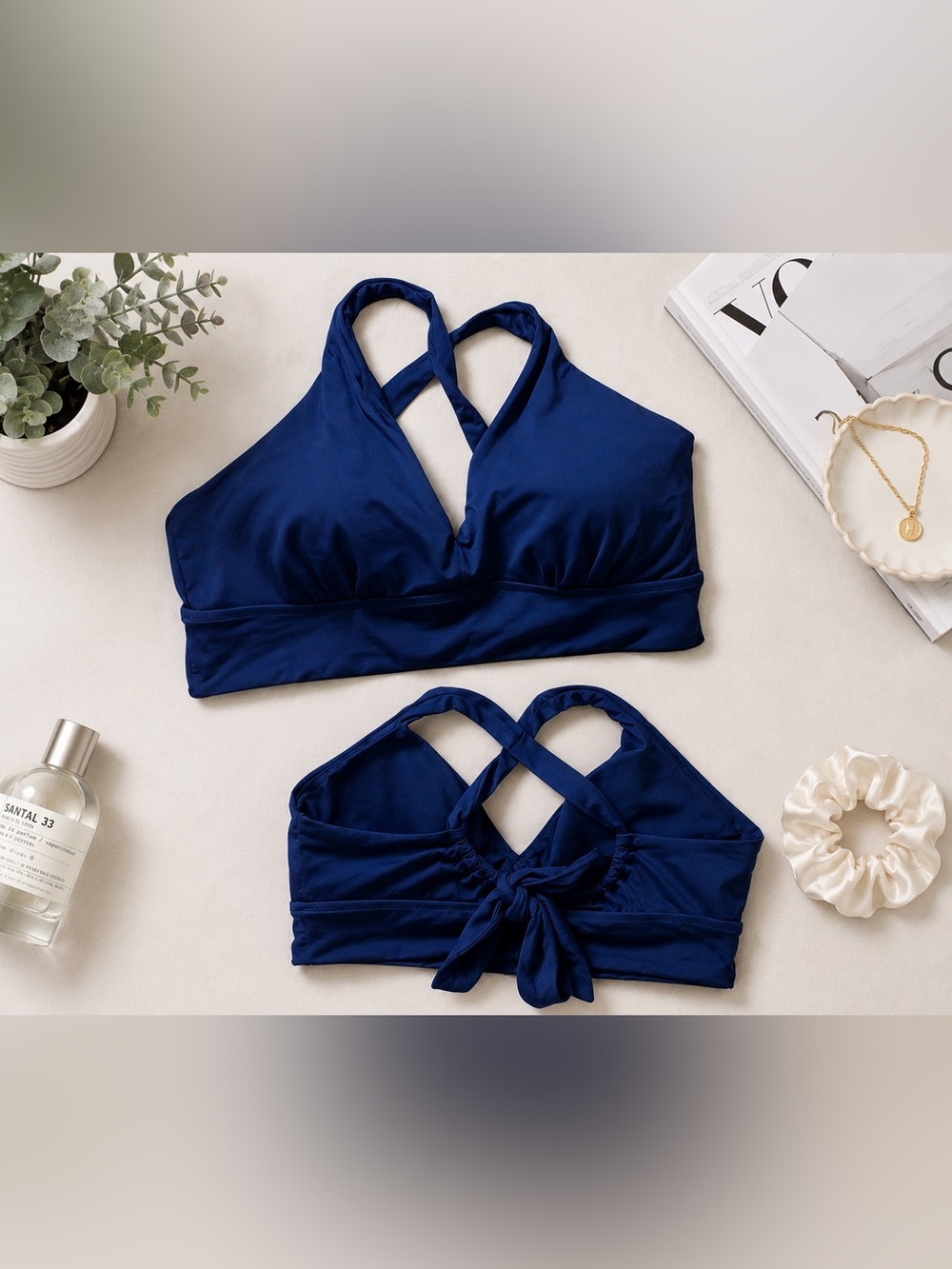 Athleta Large Navy Plunge Bikini Top | Halter Swim Top | Athletic Swimwear - Picture 3 of 7